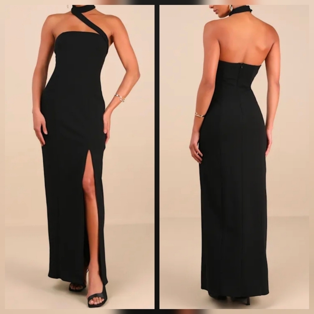 Lulus S Seraphina Black Asymmetrical Column Maxi Dress, Size S